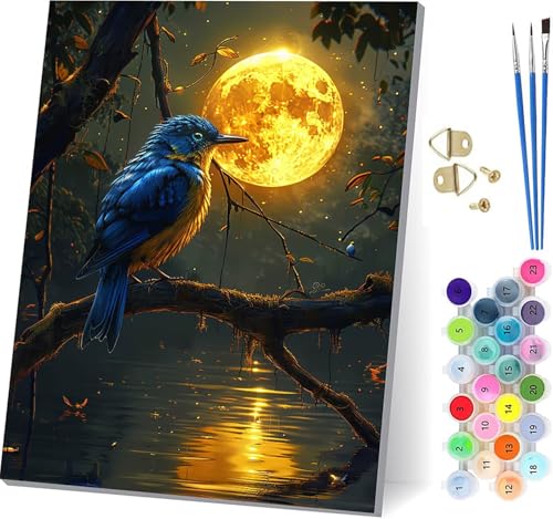 Malen Nach Zahlen Erwachsene Vogel, Malen Nach Zahlen Mond, DIY Handgemalt Ölgemälde Kit Mit 3 Pinseln und Acrylfarbe, Paint by Numbers Basteln Erwachsene, für Deko Wohnzimmer Geschenke 60x80cm 9-6816 von KUEGDUNG