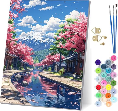 Malen Nach Zahlen Erwachsene Vulkan Fuji, Malen Nach Zahlen Baum, DIY Set Erwachsene Mit 3 Pinseln und Acrylfarbe, Paint by Numbers für Deko Wohnzimmer und Wanddeko, Als Geschenke 60x80cm 3-1118 von KUEGDUNG