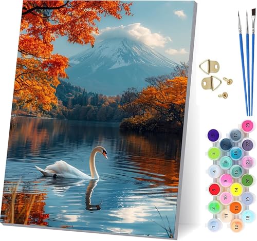 Malen Nach Zahlen Erwachsene Vulkan Fuji, Malen Nach Zahlen Gans, DIY Set Erwachsene Mit 3 Pinseln und Acrylfarbe, Paint by Numbers für Deko Wohnzimmer und Wanddeko, Geschenke 80x110cm R-8035 von KUEGDUNG