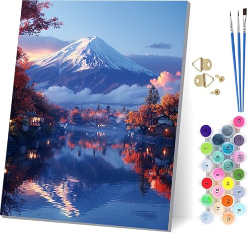 Malen Nach Zahlen Erwachsene Vulkan Fuji, Malen Nach Zahlen Rivers, DIY Set Erwachsene Mit 3 Pinseln und Acrylfarbe, Paint by Numbers für Deko Wohnzimmer und Wanddeko, Geschenke 80x110cm M-1745 von KUEGDUNG