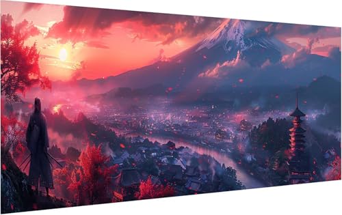 Malen Nach Zahlen Erwachsene Vulkan Fuji, Malen Nach Zahlen Samurai, DIY Handgemalt Ölgemälde Leinwand Kits Mit Pinseln und Acrylfarbe, Paint by Numbers Adult für Deko Wohnzimmer 60x120cm 4-2716 von KUEGDUNG
