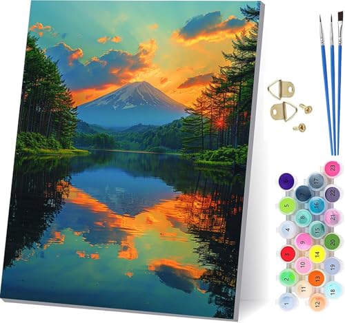 Malen Nach Zahlen Erwachsene Vulkan Fuji, Malen Nach Zahlen Sonnenuntergang, DIY Handgemalt Ölgemälde Kit Mit 3 Pinseln und Acrylfarbe, Paint by Numbers Basteln Erwachsene, Geschenke 60x80cm Q-2789 von KUEGDUNG