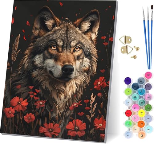 Malen Nach Zahlen Erwachsene Wolf, Malen Nach Zahlen Blume, DIY Handgemalt Ölgemälde Kit Mit 3 Pinseln und Acrylfarbe, Paint by Numbers Basteln Erwachsene, für Deko Wohnzimmer Geschenke 70x95cm 9-2308 von KUEGDUNG