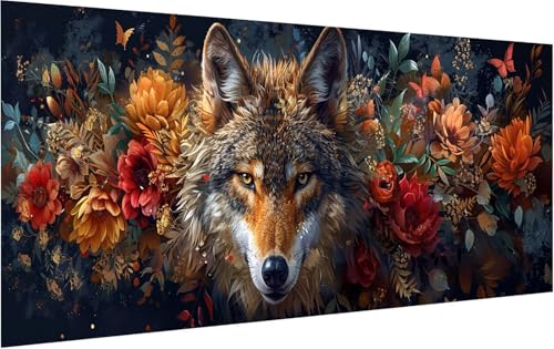 Malen Nach Zahlen Erwachsene Wolf, Malen Nach Zahlen Blume, DIY Handgemalt Ölgemälde Leinwand Kits Mit Pinseln und Acrylfarbe, Paint by Numbers Adult für Deko Wohnzimmer Geschenke 60x120cm 9-2489 von KUEGDUNG