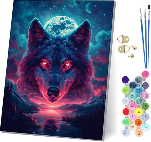 Malen Nach Zahlen Erwachsene Wolf, Malen Nach Zahlen Mond, DIY Handgemalt Ölgemälde Kit Mit 3 Pinseln und Acrylfarbe, Paint by Numbers Basteln Erwachsene, für Deko Wohnzimmer Geschenke 70x95cm 4-8941 von KUEGDUNG