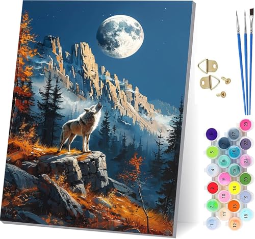 Malen Nach Zahlen Erwachsene Wolf, Malen Nach Zahlen Mond, DIY Handgemalt Ölgemälde Kit Mit 3 Pinseln und Acrylfarbe, Paint by Numbers Basteln Erwachsene, für Deko Wohnzimmer Geschenke 80x110cm 6-3261 von KUEGDUNG