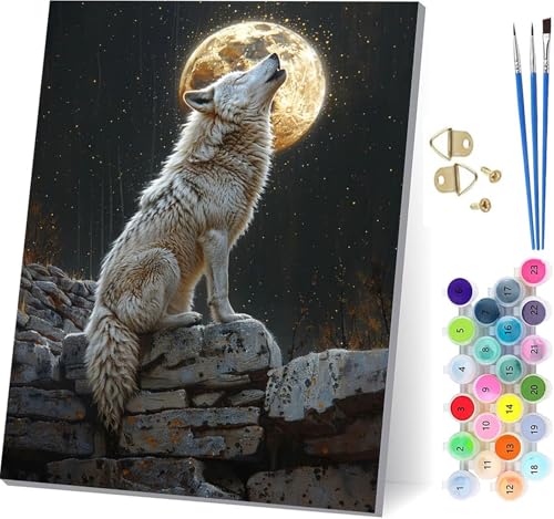 Malen Nach Zahlen Erwachsene Wolf, Malen Nach Zahlen Mond, DIY Set Erwachsene Mit 3 Pinseln und Acrylfarbe, Paint by Numbers für Deko Wohnzimmer und Wanddeko, Als Geschenke für Frauen 60x80cm 4-5097 von KUEGDUNG