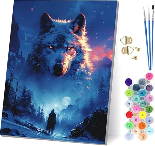 Malen Nach Zahlen Erwachsene Wolf, Malen Nach Zahlen Schneeszene, DIY Set Erwachsene Mit 3 Pinseln und Acrylfarbe, Paint by Numbers für Deko Wohnzimmer und Wanddeko, Als Geschenke 60x80cm B-5103 von KUEGDUNG
