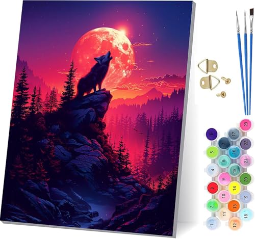 Malen Nach Zahlen Erwachsene Wolf, Malen Nach Zahlen Sonnenuntergang, DIY Handgemalt Ölgemälde Kit Mit 3 Pinseln und Acrylfarbe, Paint by Numbers Basteln Erwachsene, für Deko Wohnzimmer 60x80cm Y-8014 von KUEGDUNG