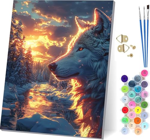 Malen Nach Zahlen Erwachsene Wolf, Malen Nach Zahlen Sonnenuntergang, DIY Set Erwachsene Mit 3 Pinseln und Acrylfarbe, Paint by Numbers für Deko Wohnzimmer und Wanddeko, Geschenke 70x95cm 5-1425 von KUEGDUNG