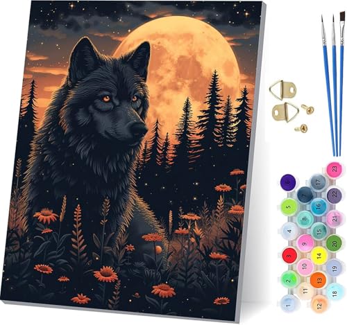 Malen Nach Zahlen Erwachsene Wolf, Malen Nach Zahlen Tier, DIY Set Erwachsene Mit 3 Pinseln und Acrylfarbe, Paint by Numbers für Deko Wohnzimmer und Wanddeko, Als Geschenke für Frauen 60x80cm 6-7684 von KUEGDUNG