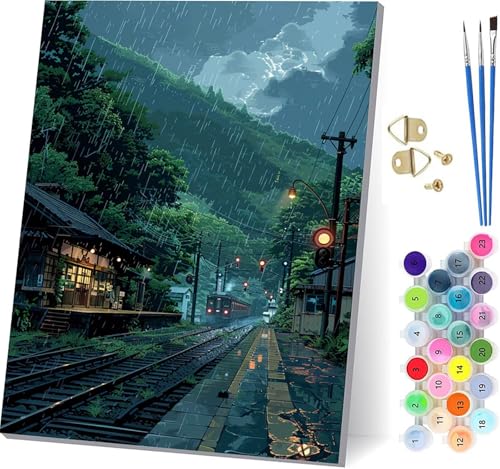 Malen Nach Zahlen Erwachsene Zug, Malen Nach Zahlen Regentropfen, DIY Set Erwachsene Mit 3 Pinseln und Acrylfarbe, Paint by Numbers für Deko Wohnzimmer und Wanddeko, Als Geschenke 70x95cm 7-4804 von KUEGDUNG