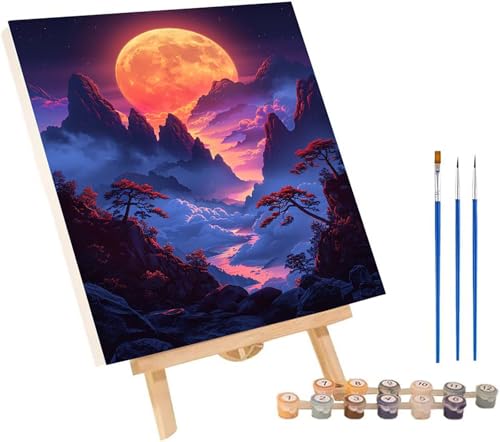 Mond Malen Nach Zahlen Erwachsene mit Rahmen, Malen Nach Zahlen Berg, DIY Set Erwachsene, Paint by Numbers Set mit Pinseln und Acrylfarben, Deko Wohnzimmer, Geschenke für Frauen 30x40cm 2-4031 von KUEGDUNG