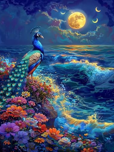 Pfau Malen Nach Zahlen Erwachsene, Malen Nach Zahlen Mond, DIY Set Erwachsene Mit 3 Pinseln und Acrylfarbe, Paint by Numbers Handgemalt Ölgemälde Kit für Deko Wohnzimmer Geschenke 100x135cm U-6302 von KUEGDUNG