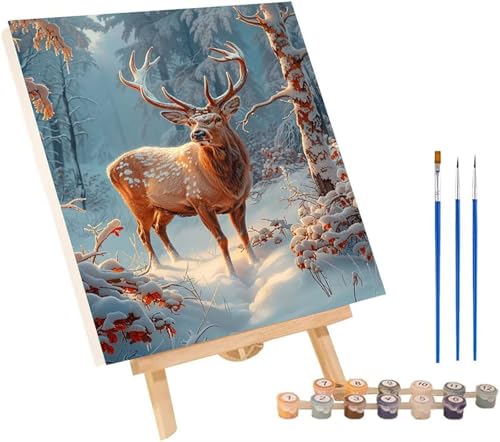 Reh Malen Nach Zahlen Erwachsene mit Rahmen, Malen Nach Zahlen Schneeszene, DIY Set Erwachsene, Paint by Numbers Set mit Pinseln und Acrylfarben, Deko Wohnzimmer, Geschenke für Frauen 30x40cm T-5775 von KUEGDUNG