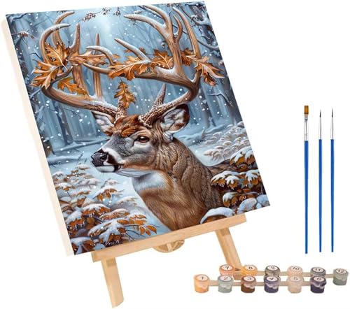Reh Malen Nach Zahlen Erwachsene mit Rahmen, Malen Nach Zahlen Schneeszene, DIY Set Erwachsene, Paint by Numbers Set mit Pinseln und Acrylfarben, Deko Wohnzimmer, Geschenke für Frauen 50x65cm 4-2478 von KUEGDUNG