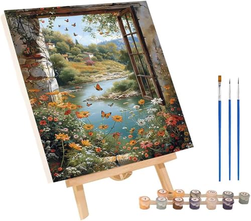 Schmetterling Malen Nach Zahlen Erwachsene mit Rahmen, Malen Nach Zahlen Rivers, DIY Set Erwachsene, Paint by Numbers Set mit Pinseln und Acrylfarben, Deko Wohnzimmer Geschenke 30x40cm 1-3902 von KUEGDUNG