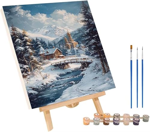 Schneeszene Malen Nach Zahlen Erwachsene mit Rahmen, Malen Nach Zahlen Landschaft, DIY Set Erwachsene, Paint by Numbers Set mit Pinseln und Acrylfarben, Deko Wohnzimmer Geschenke 30x40cm A-1388 von KUEGDUNG