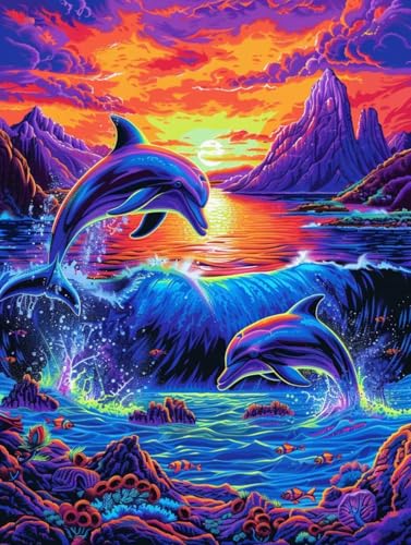 Sonnenuntergang Malen Nach Zahlen Erwachsene, Delphin Malen Nach Zahlen, DIY Handgemalt Ölgemälde Kit Mit 3 Pinseln und Acrylfarbe, Paint by Numbers Bastelset Erwachsene, Geschenke 60x80cm I-9395 von KUEGDUNG