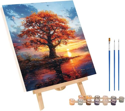 Sonnenuntergang Malen Nach Zahlen Erwachsene mit Rahmen, Malen Nach Zahlen Baum, DIY Set Erwachsene, Paint by Numbers Set mit Pinseln und Acrylfarben, Deko Wohnzimmer Geschenke 30x40cm H-6022 von KUEGDUNG