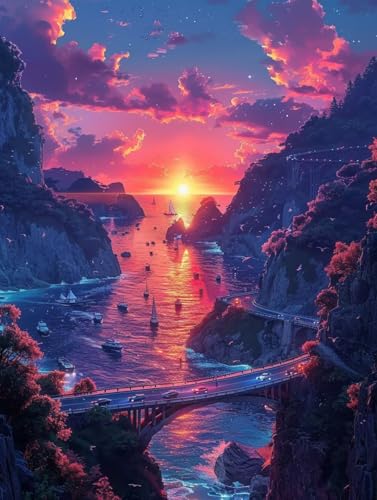 Sonnenuntergang Malen Nach Zahlen Erwachsene mit Rahmen, Malen Nach Zahlen Landschaft, DIY Set Erwachsene, Paint by Numbers Set mit Pinseln und Acrylfarben, Deko Wohnzimmer Geschenke 40x50cm J-2131 von KUEGDUNG