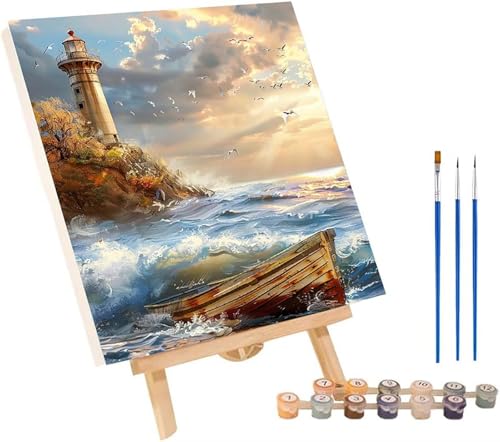 Sonnenuntergang Malen Nach Zahlen Erwachsene mit Rahmen, Malen Nach Zahlen Leuchtturm, DIY Set Erwachsene, Paint by Numbers Set mit Pinseln und Acrylfarben, Deko Wohnzimmer Geschenke 30x40cm 9-9998 von KUEGDUNG