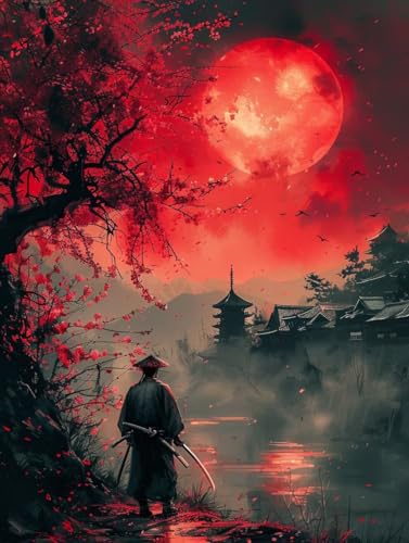 Sonnenuntergang Malen Nach Zahlen Erwachsene mit Rahmen, Malen Nach Zahlen Samurai, DIY Set Erwachsene, Paint by Numbers Set mit Pinseln und Acrylfarben, Deko Wohnzimmer Geschenke 50x65cm I-3679 von KUEGDUNG