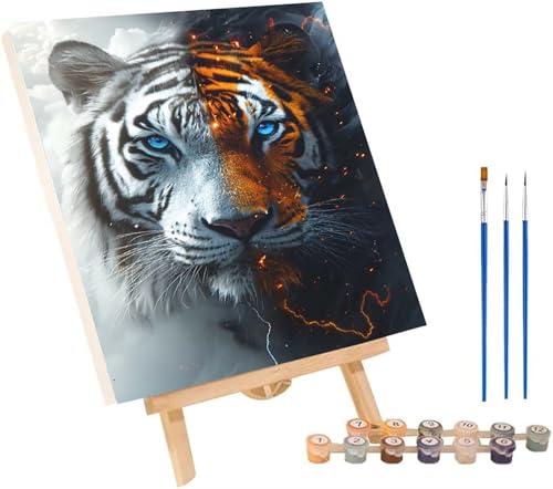 Tiger Malen Nach Zahlen Erwachsene mit Rahmen, Malen Nach Zahlen Tier, DIY Set Erwachsene, Paint by Numbers Set mit Pinseln und Acrylfarben, Deko Wohnzimmer, Geschenke für Frauen 50x65cm B-2073 von KUEGDUNG