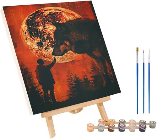 Wolf Malen Nach Zahlen Erwachsene mit Rahmen, Malen Nach Zahlen Mann, DIY Set Erwachsene, Paint by Numbers Set mit Pinseln und Acrylfarben, Deko Wohnzimmer, Geschenke für Frauen 50x65cm H-7293 von KUEGDUNG