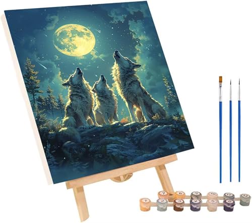 Wolf Malen Nach Zahlen Erwachsene mit Rahmen, Malen Nach Zahlen Mond, DIY Set Erwachsene, Paint by Numbers Set mit Pinseln und Acrylfarben, Deko Wohnzimmer, Geschenke für Frauen 100x130cm 5-5275 von KUEGDUNG