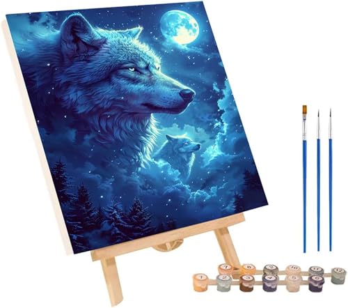 Wolf Malen Nach Zahlen Erwachsene mit Rahmen, Malen Nach Zahlen Mond, DIY Set Erwachsene, Paint by Numbers Set mit Pinseln und Acrylfarben, Deko Wohnzimmer, Geschenke für Frauen 100x130cm 6-4217 von KUEGDUNG
