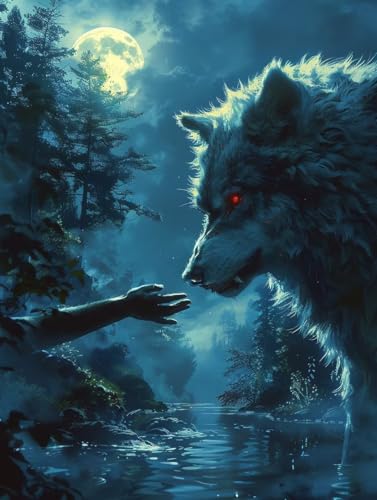 Wolf Malen Nach Zahlen Erwachsene mit Rahmen, Malen Nach Zahlen Mond, DIY Set Erwachsene, Paint by Numbers Set mit Pinseln und Acrylfarben, Deko Wohnzimmer, Geschenke für Frauen 100x130cm V-4291 von KUEGDUNG