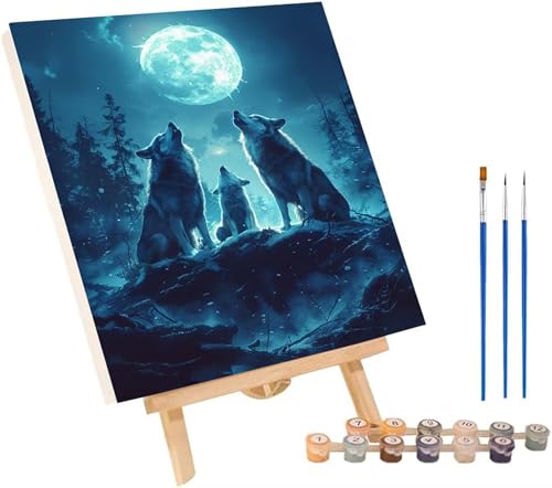 Wolf Malen Nach Zahlen Erwachsene mit Rahmen, Malen Nach Zahlen Mond, DIY Set Erwachsene, Paint by Numbers Set mit Pinseln und Acrylfarben, Deko Wohnzimmer, Geschenke für Frauen 30x40cm 0-5967 von KUEGDUNG
