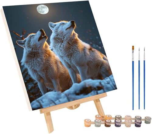Wolf Malen Nach Zahlen Erwachsene mit Rahmen, Malen Nach Zahlen Mond, DIY Set Erwachsene, Paint by Numbers Set mit Pinseln und Acrylfarben, Deko Wohnzimmer, Geschenke für Frauen 30x40cm 3-7286 von KUEGDUNG