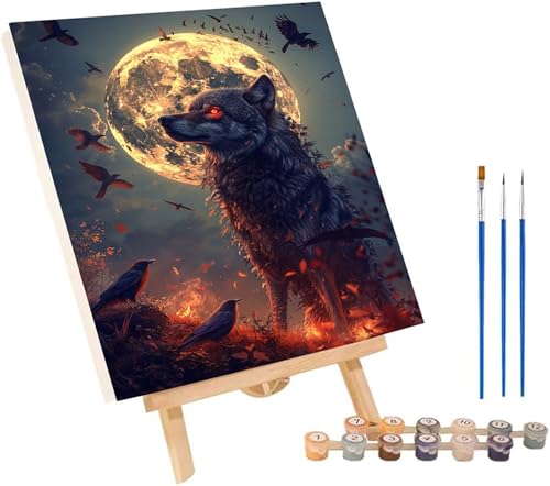 Wolf Malen Nach Zahlen Erwachsene mit Rahmen, Malen Nach Zahlen Mond, DIY Set Erwachsene, Paint by Numbers Set mit Pinseln und Acrylfarben, Deko Wohnzimmer, Geschenke für Frauen 30x40cm 4-4554 von KUEGDUNG
