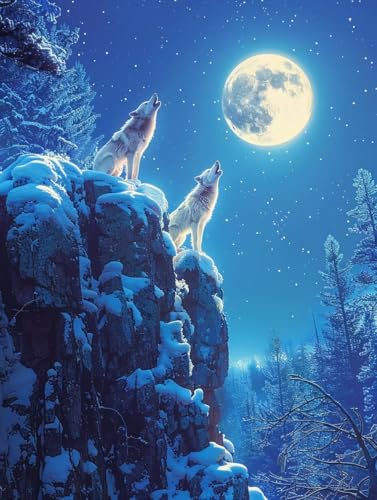 Wolf Malen Nach Zahlen Erwachsene mit Rahmen, Malen Nach Zahlen Mond, DIY Set Erwachsene, Paint by Numbers Set mit Pinseln und Acrylfarben, Deko Wohnzimmer, Geschenke für Frauen 40x50cm S-2715 von KUEGDUNG