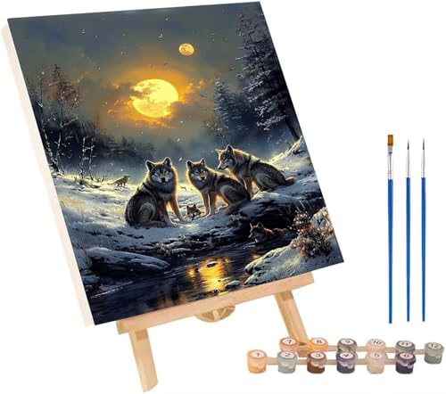 Wolf Malen Nach Zahlen Erwachsene mit Rahmen, Malen Nach Zahlen Mond, DIY Set Erwachsene, Paint by Numbers Set mit Pinseln und Acrylfarben, Deko Wohnzimmer, Geschenke für Frauen 70x95cm 2-1132 von KUEGDUNG