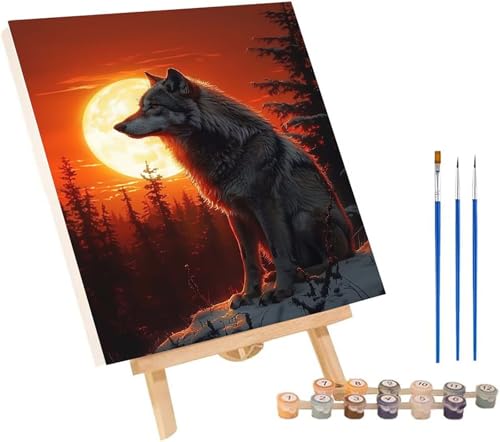 Wolf Malen Nach Zahlen Erwachsene mit Rahmen, Malen Nach Zahlen Sonnenuntergang, DIY Set Erwachsene, Paint by Numbers Set mit Pinseln und Acrylfarben, Deko Wohnzimmer Geschenke 100x135cm 9-2052 von KUEGDUNG