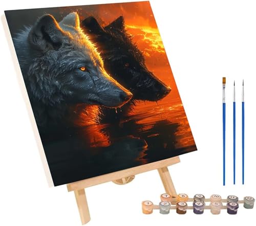 Wolf Malen Nach Zahlen Erwachsene mit Rahmen, Malen Nach Zahlen Sonnenuntergang, DIY Set Erwachsene, Paint by Numbers Set mit Pinseln und Acrylfarben, Deko Wohnzimmer Geschenke 70x95cm 9-8596 von KUEGDUNG