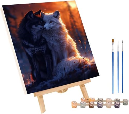 Wolf Malen Nach Zahlen Erwachsene mit Rahmen, Malen Nach Zahlen Tier, DIY Set Erwachsene, Paint by Numbers Set mit Pinseln und Acrylfarben, Deko Wohnzimmer, Geschenke für Frauen 30x40cm 4-4102 von KUEGDUNG
