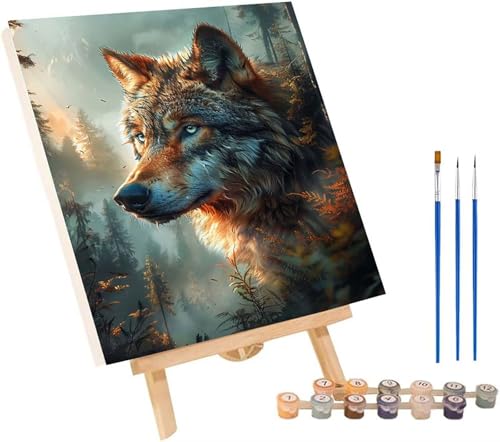 Wolf Malen Nach Zahlen Erwachsene mit Rahmen, Malen Nach Zahlen Tier, DIY Set Erwachsene, Paint by Numbers Set mit Pinseln und Acrylfarben, Deko Wohnzimmer, Geschenke für Frauen 30x40cm D-3716 von KUEGDUNG
