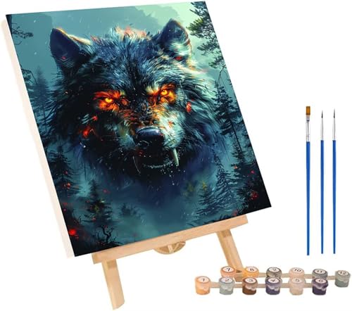 Wolf Malen Nach Zahlen Erwachsene mit Rahmen, Malen Nach Zahlen Tier, DIY Set Erwachsene, Paint by Numbers Set mit Pinseln und Acrylfarben, Deko Wohnzimmer, Geschenke für Frauen 30x40cm T-5548 von KUEGDUNG