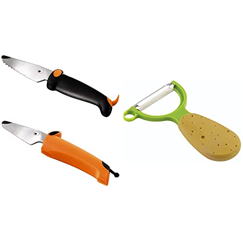 KUHN RIKON kinderkitchen Kindermesser Set Hund, schwarz/orange, ab 3 Jahren & Gemüsesparschäler Veggie Kartoffel, gerade Klinge von KUHN RIKON