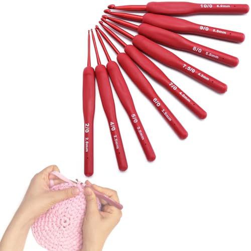 9-Teilig Häkelnadel-Set, Ergonomische Gummigriffe Stricknadel Set Nähgarn, Häkeln, Pullover, Rot, Handwerk, Zubehör, Häkeln und Stricken Häkelgeschenke (2/2.5/3/3.5/4/4.5/5/5.5/6mm) von KUIDAMOS