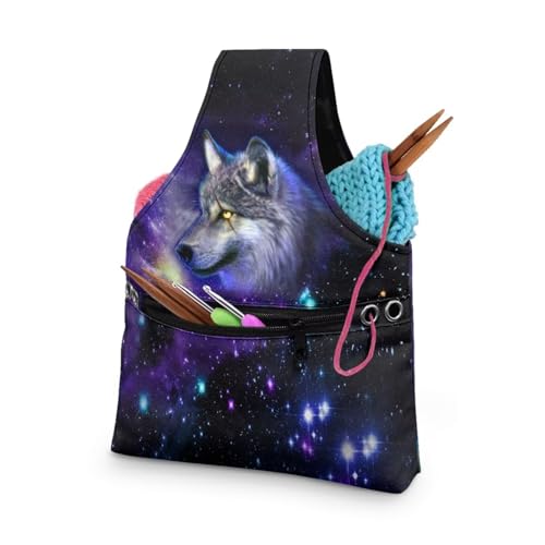 KUIFORTI Galaxy Night Wolf-Stricktasche, Segeltuch-Garn-Tragetasche, Projekttasche für Stricknadeln, Projekttaschen, Garn und Häkelbedarf, Polyestergarn für Häkeltasche, klein von KUIFORTI