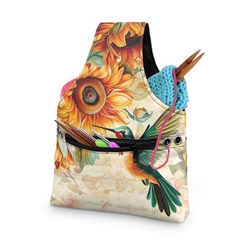 KUIFORTI Sonnenblumen-Garntasche, Häkeltasche für Damen, Projekttasche, Kolibri-Druck, Häkeltasche, Reise, Stricktaschen, Garnaufbewahrung, Organizer, Projekttasche für Anfänger, große Größe von KUIFORTI
