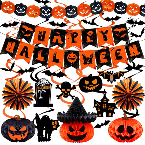 Halloween Party Dekorationen Happy Halloween Banner Kürbis Girlande Hängende Deckendekorationen mit Kürbis Wabenball Seidenpapier Fächer und 3D Fledermäuse für Zuhause Indoor Outdoor Decor von KUKKUME