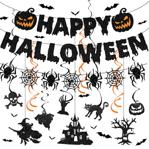 Halloween Party Dekorationen Happy Halloween Banner Kürbis Wimpelkette Spinnweben Girlande Gruselige hängende Ornament Deckendekorationen mit 3D Fledermäusen für Innen Außen Dekor von KUKKUME