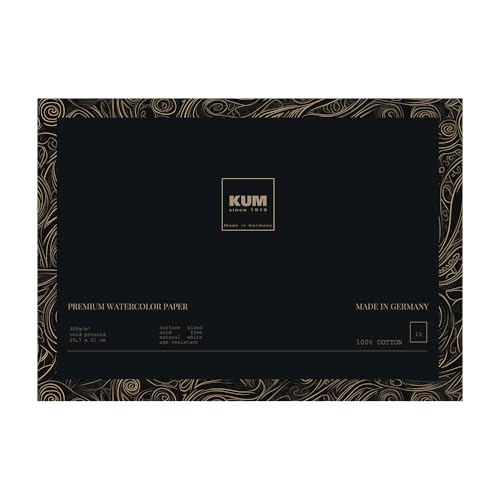 KUM 5149911 - Premium Aquarellpapier, 29,7 x 21 cm, 15 Blatt 300 g/m² Papier, Aquarellblock aus 100% Baumwolle von KUM