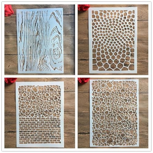 Schablonen zum Malen, 4 Stück, A4, 29 x 21 cm, Jahresring, Holzmaserung, geometrische Muster, Schablone zum Malen auf Holz, Wand, Leinwand, Stoff, Stein, Schild, Bastelkunstprojekte von KUNGZUNMOLDS